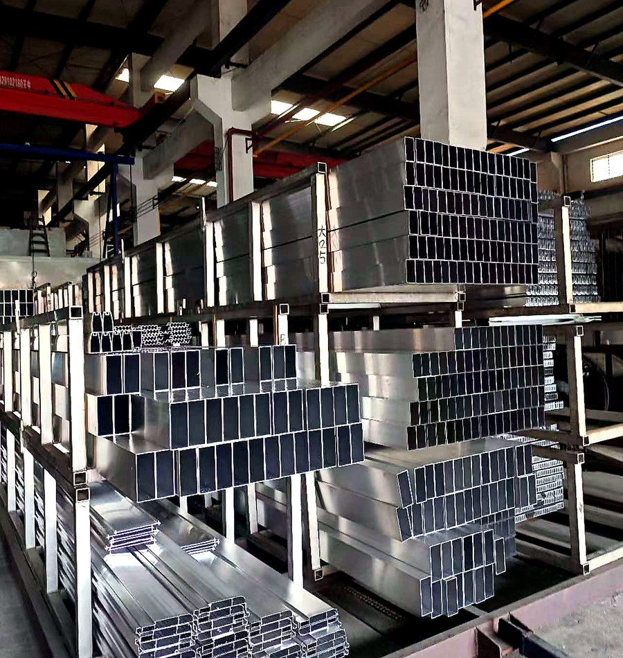 Formed aluminum square tube profiles in workshop